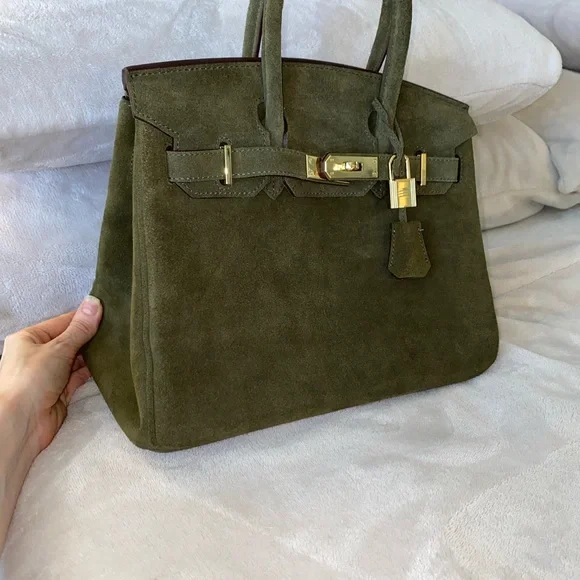 Nee 30cm genuine suede army green top handle handbag Satchels